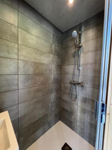 une salle de bain avec une douche avec une porte vitrée dans l'établissement La cabane d'Elisa, à Oëy