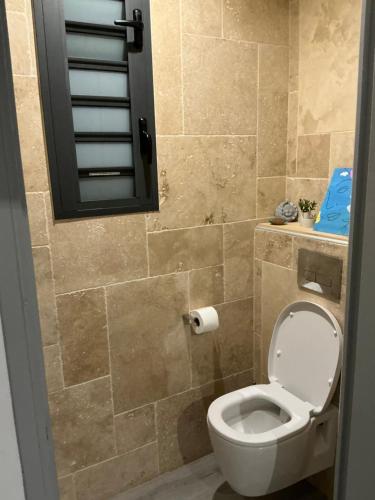 a bathroom with a toilet and a tiled shower at L'étoile du Pic in Sainte-Clotilde