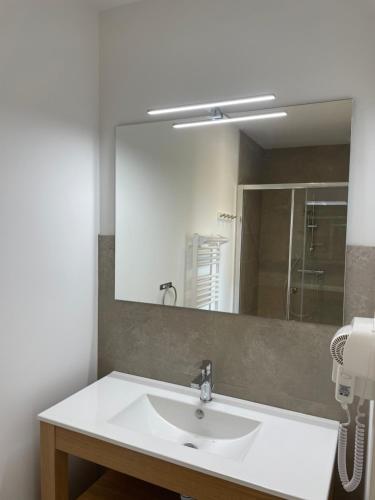 a bathroom with a sink and a large mirror at L'Adret in Rians