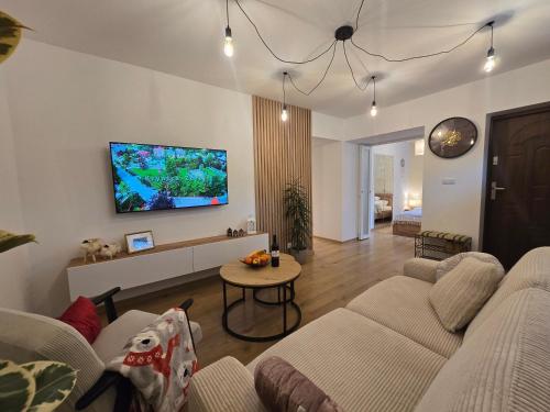 salon z kanapą i telewizorem na ścianie w obiekcie Silent Apartament w mieście Krynica Zdrój