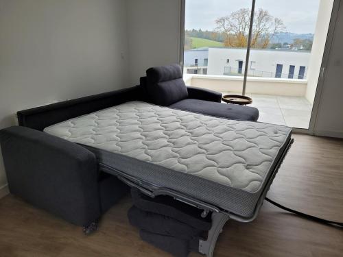 un lit assis dans une pièce à côté d'une fenêtre dans l'établissement T2 récent, tout équipé et bel extérieur, à Quimper