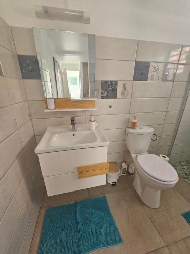 a bathroom with a sink and a toilet and a mirror at Appartement Bleu Corail avec Jacuzzi in Les Trois-Îlets