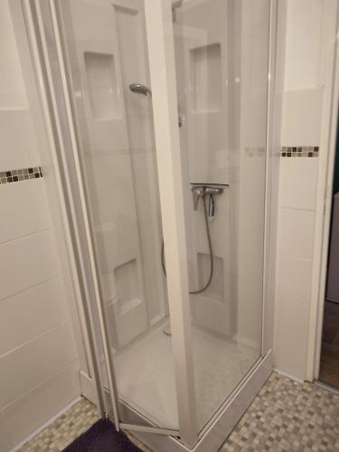 une douche avec une porte vitrée dans une salle de bain dans l'établissement Studio 10, très bien placé, parking wifi gratuit, à Bagnoles-de-l'Orne