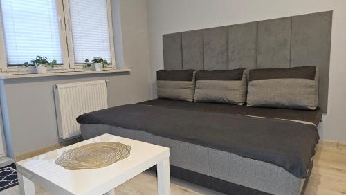 a bedroom with a bed with a table and two windows at Jedenastka in Płock