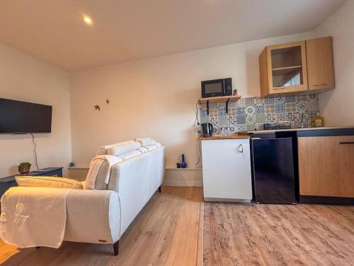 un salon avec un canapé blanc et une cuisine dans l'établissement Appartment la Petite Bleu, à Pessac