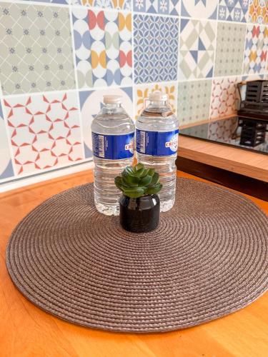 deux bouteilles d'eau et une plante en pot sur une table dans l'établissement Appartment la Petite Bleu, à Pessac