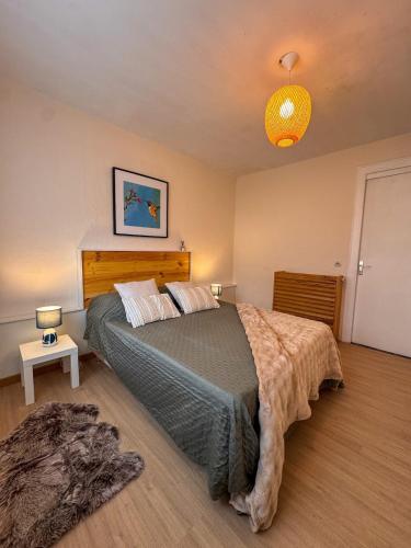 une chambre avec un grand lit dans une pièce dans l'établissement Appartment la Petite Bleu, à Pessac