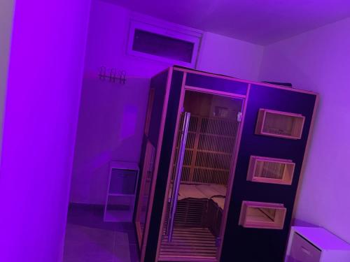 Cette chambre violette comprend un placard avec un miroir. dans l'établissement Love dream, à Amiens