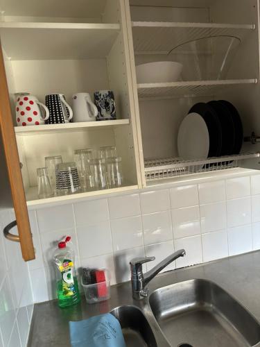 a kitchen counter with a sink and a shelf with dishes at Helsinki Sweet Homes in Helsinki