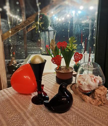 a table with some plants and a vase on it at Koka namiņš "Pasaka" in Vecumnieki