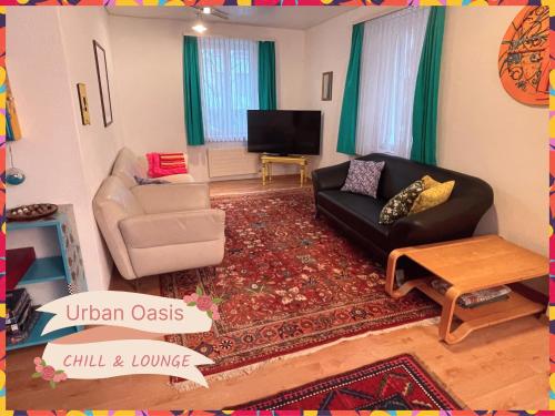 Posezení v ubytování Urban Oasis Basel - Cozy, Eco-friendly and Modern Apartment with Terrace & Garden