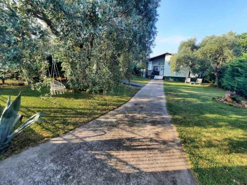 a walking path in a yard with a house at Villa Elia in Skala Sotiros