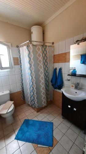 a bathroom with a blue shower curtain and a sink at Villa Elia in Skala Sotiros