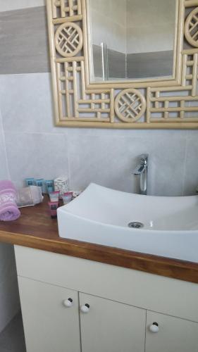 a bathroom with a white sink and a mirror at עטרת הנוף in Even Menahem