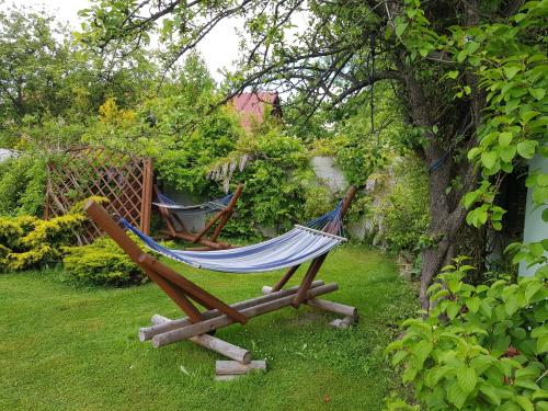 a hammock sitting in a garden in a yard at Noclegi u Agnieszki in Jarnołtówek