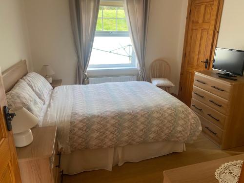 a bedroom with a bed and a television and a window at Glenrandel Valley in Claudy