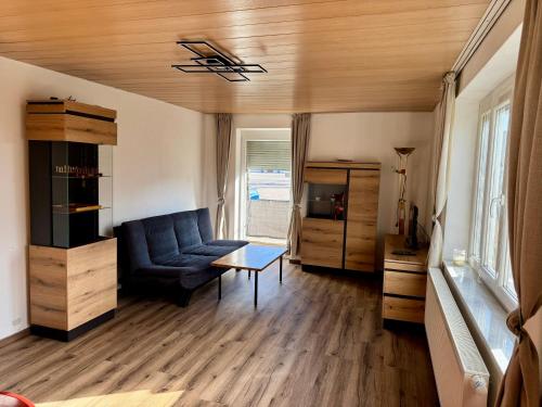 a living room with a blue couch and a tv at 3 Zimmer Apartment mit Flussblick - Self Check-In in Eggenfelden