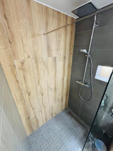a shower with a wooden door in a bathroom at Haus Steiner #Mitten im Schwarzwald# in Lauterbach