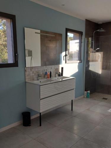 une salle de bain avec un lavabo blanc et une douche dans l'établissement Haut de Villa - Corsica, à Lecci