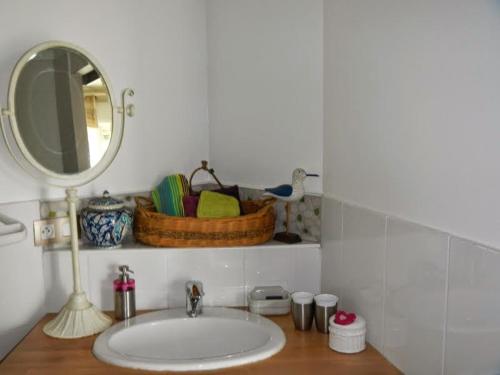 La salle de bains est pourvue d'un lavabo et d'un miroir sur un comptoir. dans l'établissement Gîte Le Duzon, à Plats