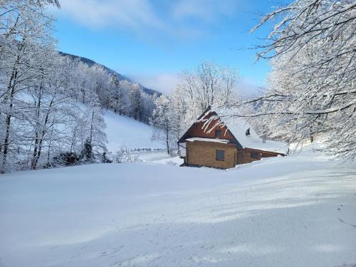 a barn in a snow covered field with trees at Krásná chatička in Krásná