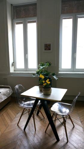 une pièce avec une table, des chaises et des fenêtres dans l'établissement Superbe appartement refait à neuf, plein centre de Lille, à Lille
