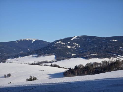 a snow covered slope with mountains in the background at Apartmán U Javoru in Dolní Hedeč