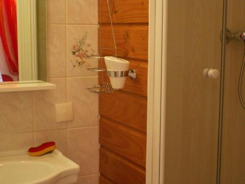 y baño con aseo, lavabo y ducha. en Studio De La Mer, en Arromanches-les-Bains