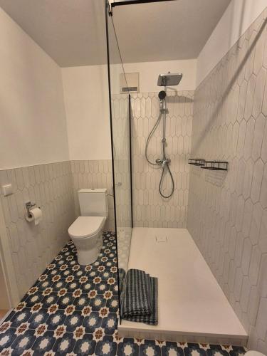 a bathroom with a shower and a toilet at 5 DTV Sterne Ferienwohnung am See Stella in Bad Zwischenahn
