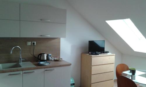 a kitchen with a sink and a tv on a counter at Apartment Olomouc in Olomouc