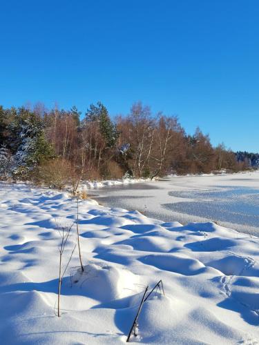 a snow covered field with two sticks in it at Magnifique Gite en Bord de Lac in Devesset