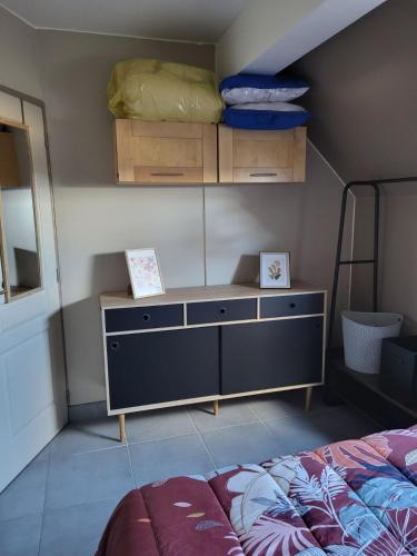 a bedroom with a bed and a dresser with a mirror at Le repos d'Aubrac in Laguiole
