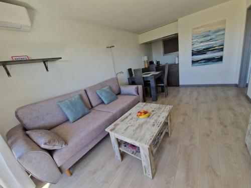 un salon avec un canapé et une table dans l'établissement Cozy 1 Br with a seaview, AC, Pool and Parking, à Antibes