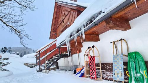 a building with skis on the side of it in the snow at Apartmány mlýn in Rokytnice nad Jizerou
