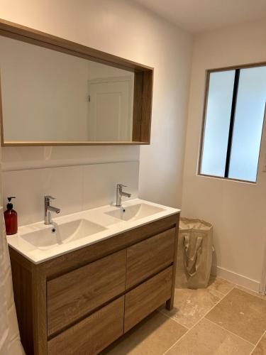une salle de bain avec un lavabo et un miroir dans l'établissement Maison rénovée en pierres à la campagne, à Pédernec
