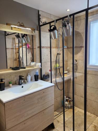 une salle de bain avec un lavabo et une douche dans l'établissement Superbe Villa tout confort avec piscine, à Beaucaire