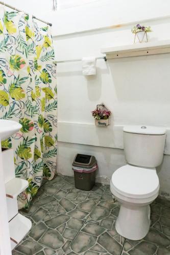 a bathroom with a toilet and a shower curtain at Hostal Edén in Moyogalpa