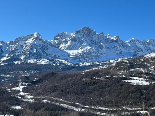 een met sneeuw bedekte bergketen met bomen op de voorgrond bij Snow Hills Panticosa in Panticosa