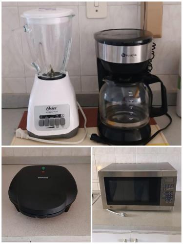 three different pictures of a blender and a microwave at Comfortable and perfect location in Lechería in El Morto de Barcelona