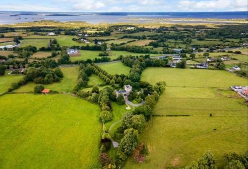 an aerial view of a green field with trees at Moyvannan Castle on 7 Acres in Roscommon