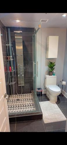 une salle de bain avec douche et toilettes dans l'établissement Condo 2 chambres avec parking privé - Griffintown, à Montréal