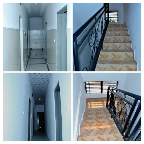 three pictures of a staircase in a building at Gosen House Zanguéra in Ablogbé