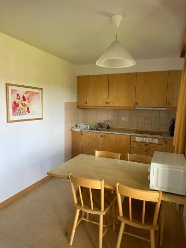 a kitchen with a wooden table and two chairs at Resort Yxenhaga in Hok