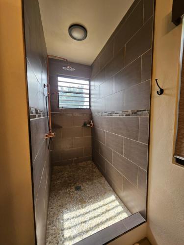 a bathroom with a walk in shower with a glass door at Casa Aramana in Vieques