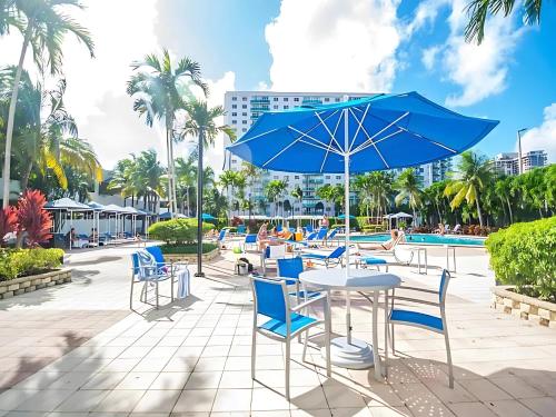 a patio with blue chairs and a table with an umbrella at Condominium Sunny Isles Ocean Reserve in Sunny Isles Beach