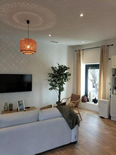 a living room with a white couch and a tv at Le Palais Secret 66 Loveroom in Saint-Féliu-dʼAvall