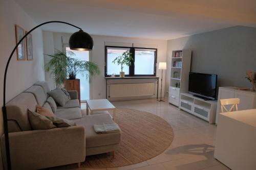 a living room with a couch and a tv at Altes Höfchen in Duisburg