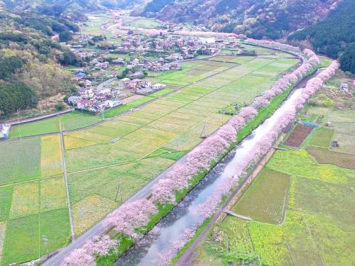 an aerial view of a river in a field at 公共の宿伊豆まつざき荘 in Matsuzaki