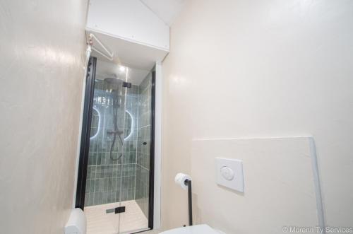 une salle de bain blanche avec une douche et un lavabo dans l'établissement Studio design avec mezzanine - Ty ar Joly, à Rennes