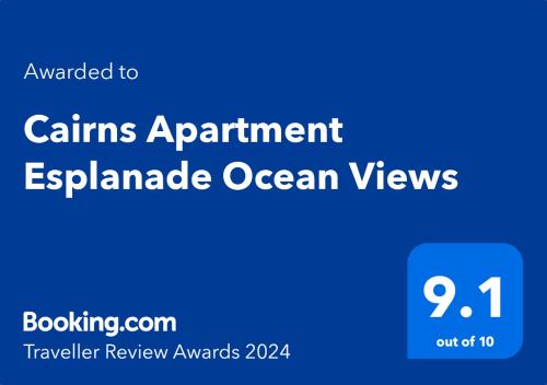Certificado, premio, señal o documento que está expuesto en Cairns Apartment Esplanade Ocean Views
